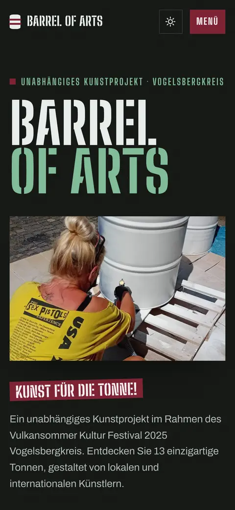 Mobile Ansicht der Website Barrel of Arts, gestaltet von gonka.tech
