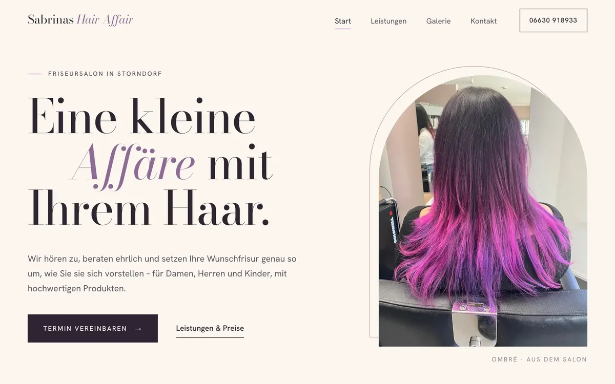Website Sabrinas Hair Affair, gestaltet von gonka.tech