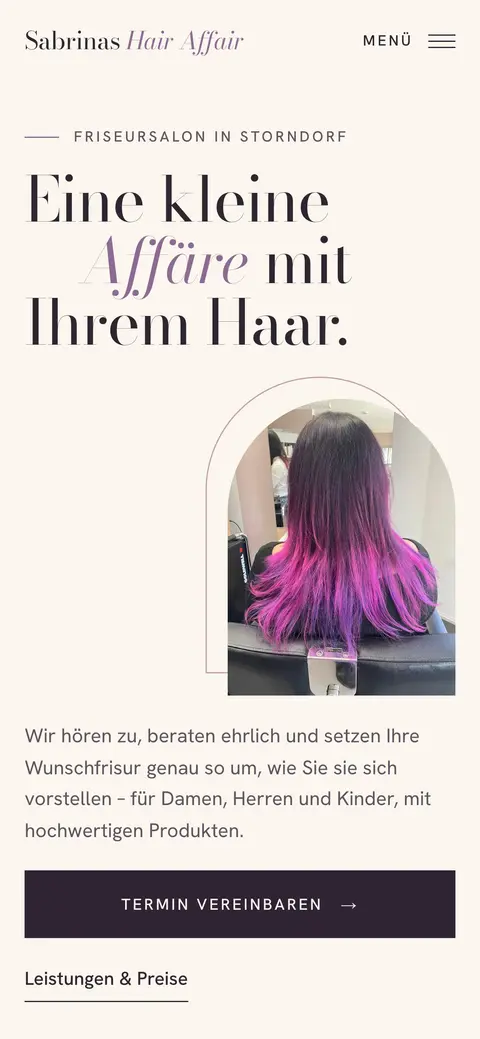 Mobile Ansicht der Website Sabrinas Hair Affair, gestaltet von gonka.tech